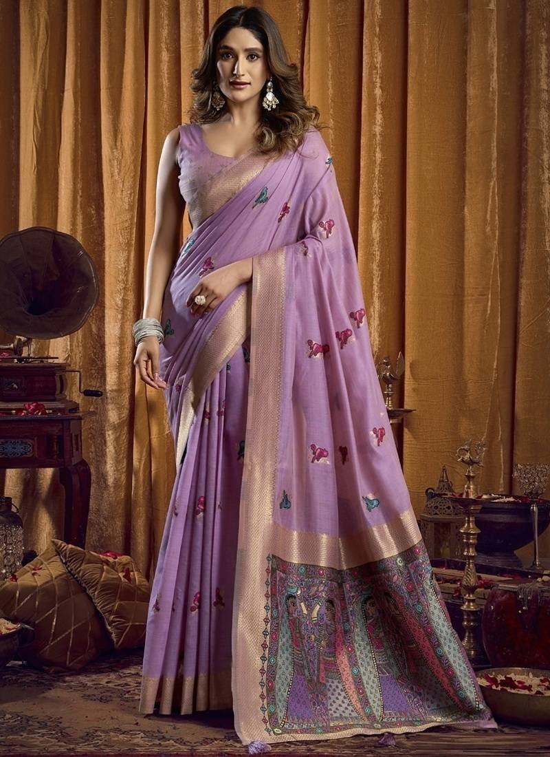 Lavender khadi cotton saree with elegant jhallar border saree