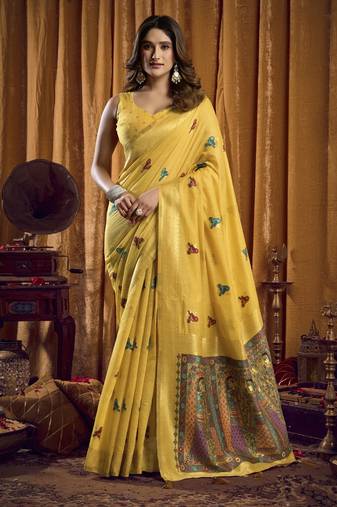 Yellow khadi cotton saree with elegant jhallar border saree