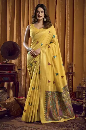Yellow khadi cotton saree with elegant jhallar border saree