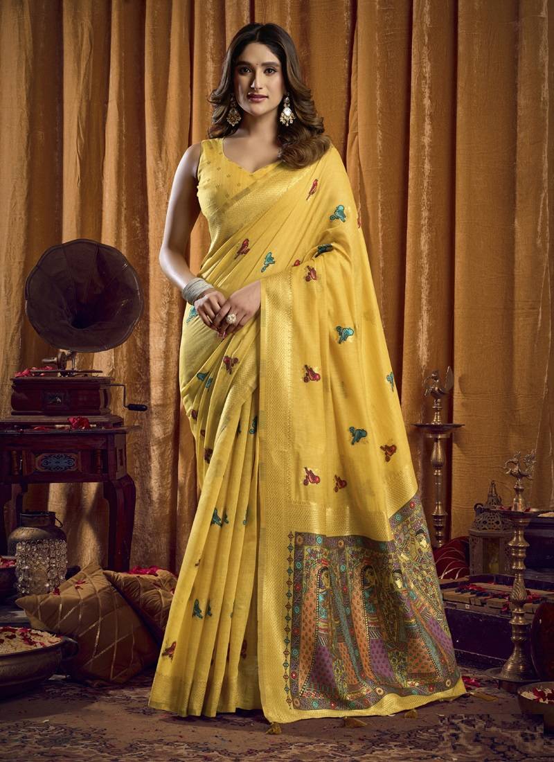 Yellow khadi cotton saree with elegant jhallar border saree