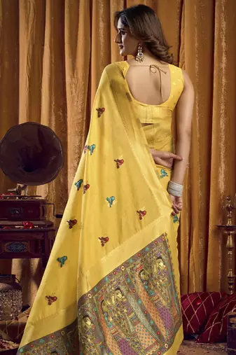 Yellow khadi cotton saree with elegant jhallar border saree