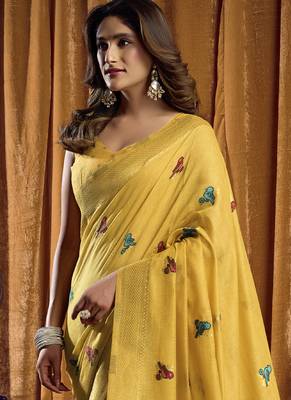Yellow khadi cotton saree with elegant jhallar border saree 3