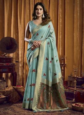 Sky blue khadi cotton saree with elegant jhallar border saree 1