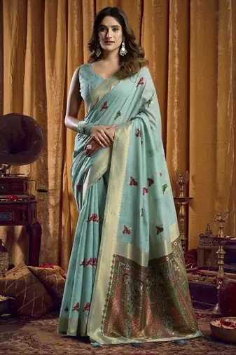 Sky blue khadi cotton saree with elegant jhallar border saree