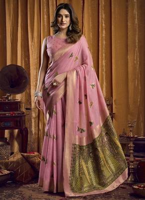 Baby pink khadi cotton saree with elegant jhallar border saree 1