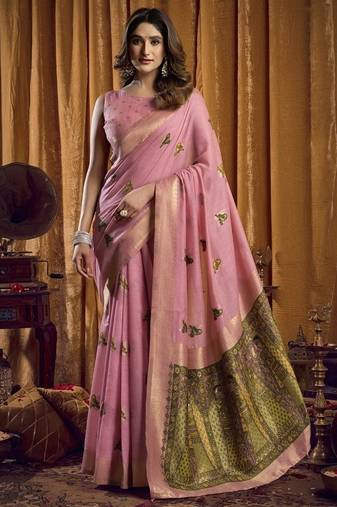 Baby pink khadi cotton saree with elegant jhallar border saree