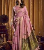 Baby pink khadi cotton saree with elegant jhallar border saree