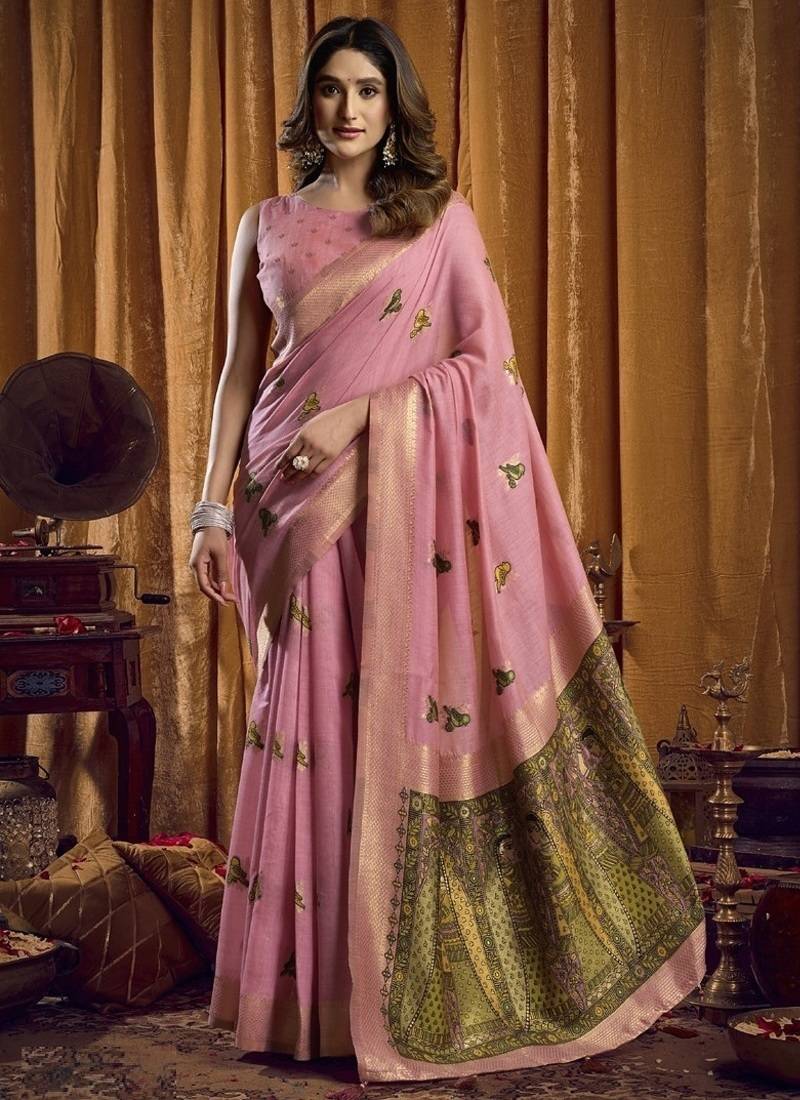 Baby pink khadi cotton saree with elegant jhallar border saree
