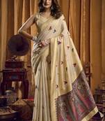 Beige khadi cotton saree with elegant jhallar border saree