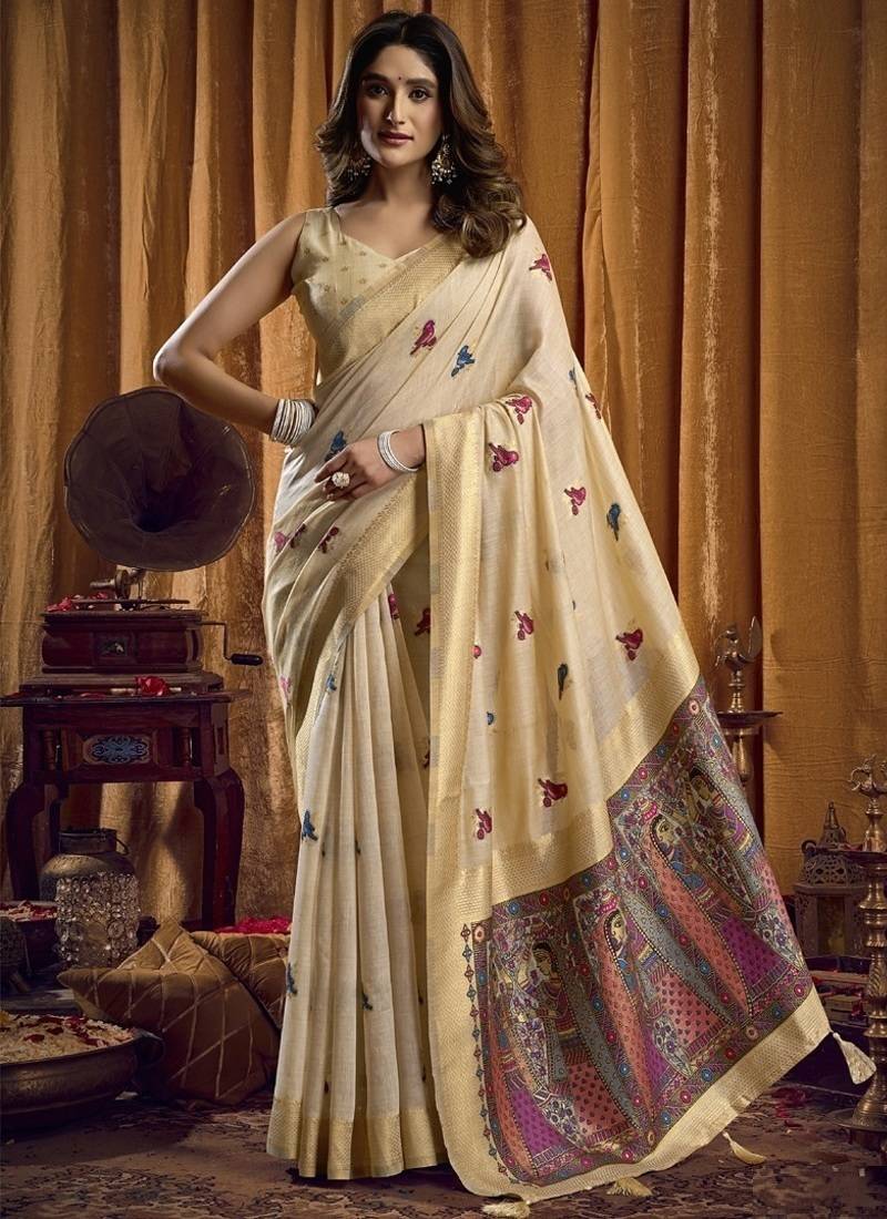 Beige khadi cotton saree with elegant jhallar border saree