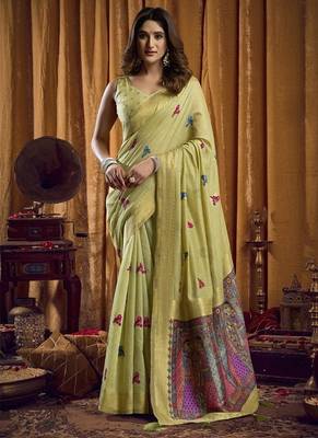 Light pista khadi cotton saree with elegant jhallar border saree 1