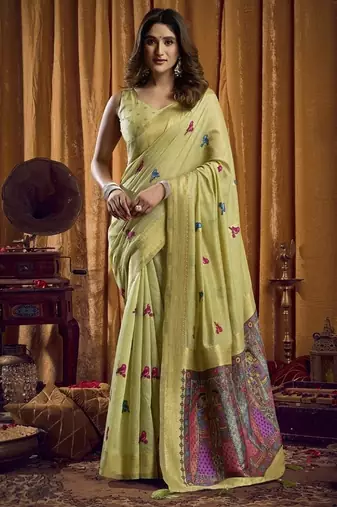 Light pista khadi cotton saree with elegant jhallar border saree