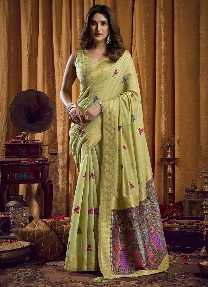 Light pista khadi cotton saree with elegant jhallar border saree
