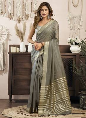 Gray khadi cotton saree with elegant jhallar border saree 1