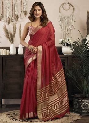 Red khadi cotton saree with elegant jhallar border saree 1