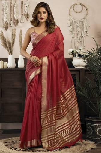 Red khadi cotton saree with elegant jhallar border saree
