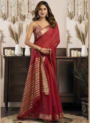 Red khadi cotton saree with elegant jhallar border saree 2