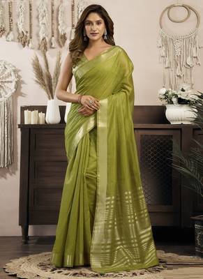 Olive khadi cotton saree with elegant jhallar border saree 1
