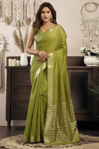 Olive khadi cotton saree with elegant jhallar border saree