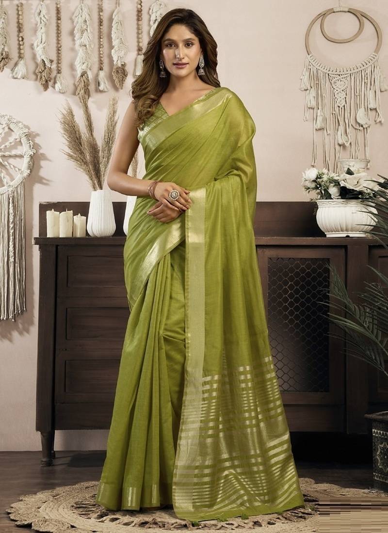 Olive khadi cotton saree with elegant jhallar border saree