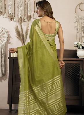 Olive khadi cotton saree with elegant jhallar border saree 2