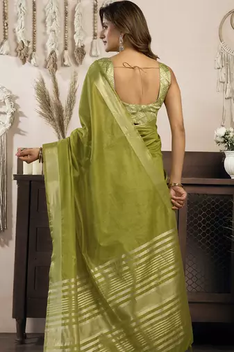 Olive khadi cotton saree with elegant jhallar border saree