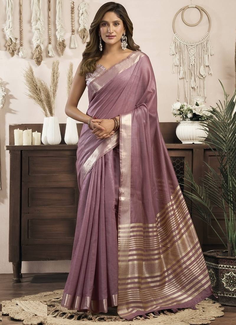 Mauve khadi cotton saree with elegant jhallar border saree