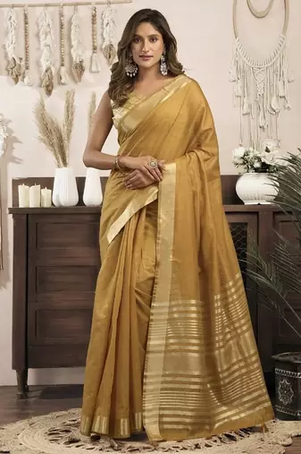 Golden khadi cotton saree with elegant jhallar border saree