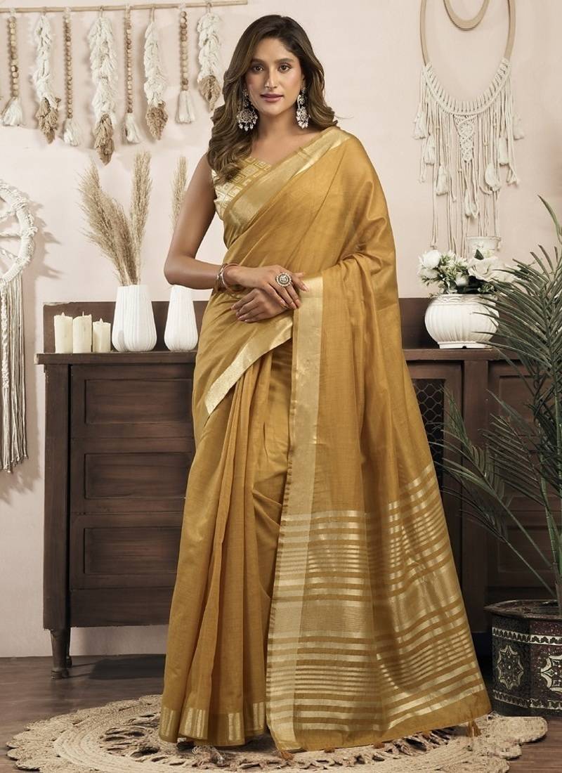 Golden khadi cotton saree with elegant jhallar border saree