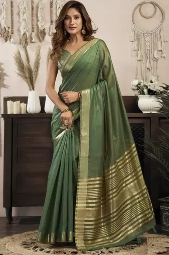 Green khadi cotton saree with elegant jhallar border saree