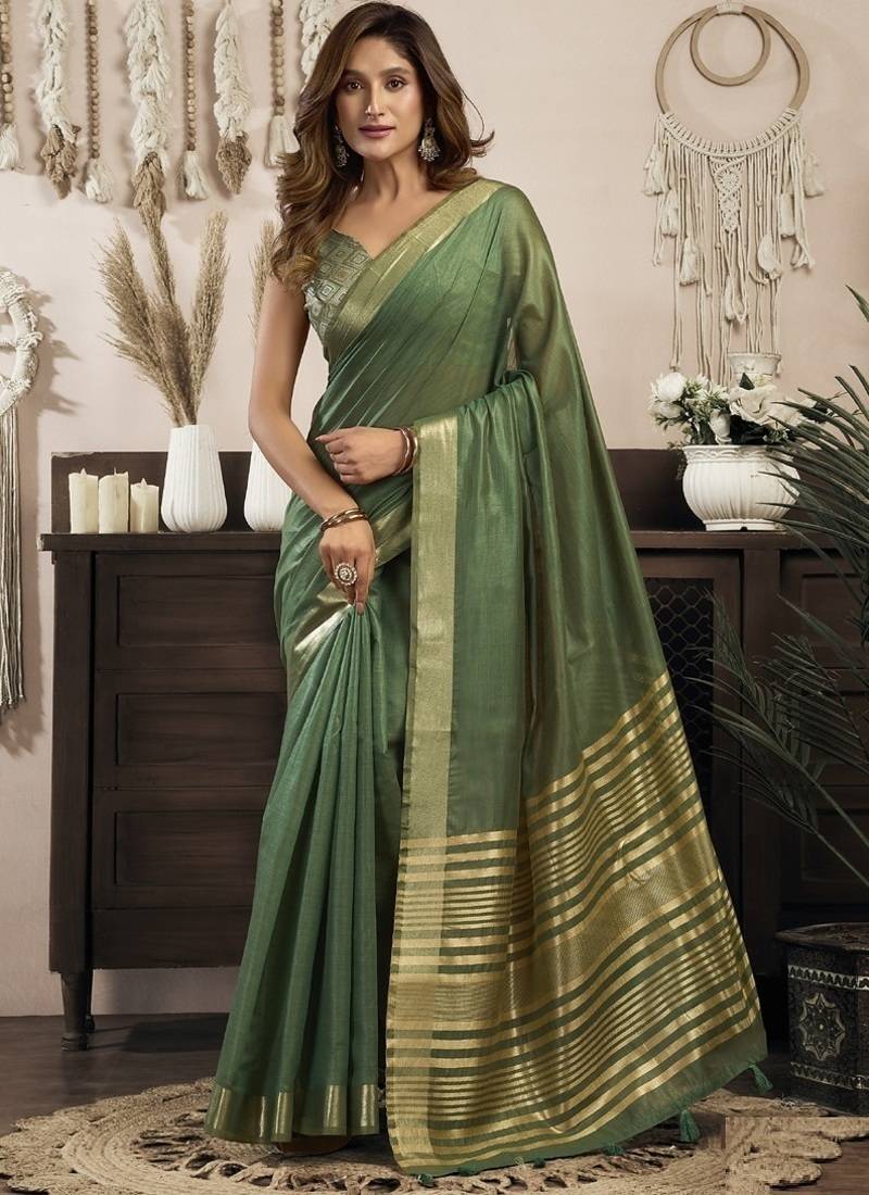 Green khadi cotton saree with elegant jhallar border saree