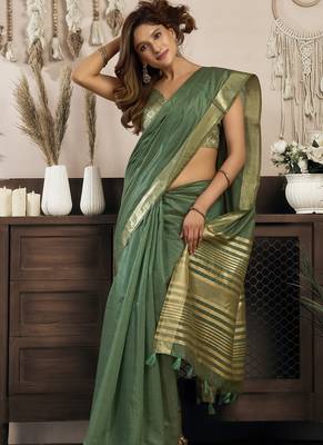 Green khadi cotton saree with elegant jhallar border saree 2