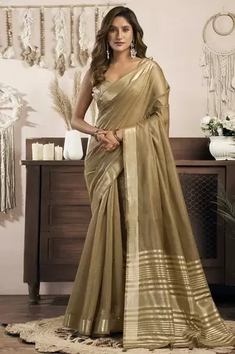 Beige khadi cotton saree with elegant jhallar border saree