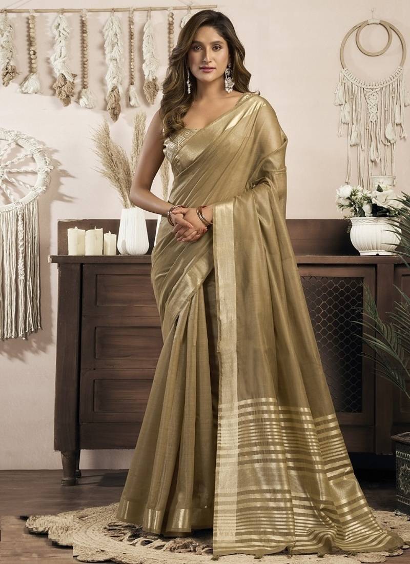 Beige khadi cotton saree with elegant jhallar border saree