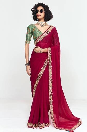 Maroon fancy beautified with sequins dhaga thread embroidered work saree