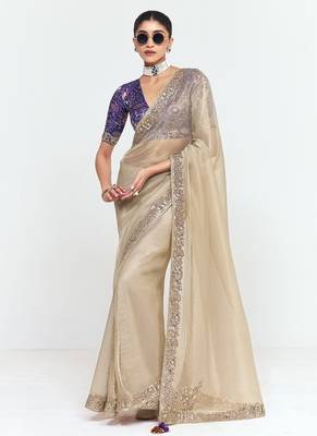 Beige fancy beautified with sequins dhaga thread embroidered work saree 1