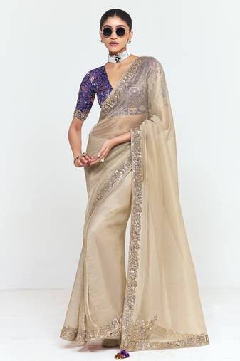 Beige fancy beautified with sequins dhaga thread embroidered work saree