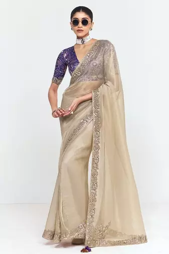 Beige fancy beautified with sequins ,dhaga ,thread embroidered work saree
