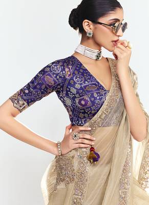 Beige fancy beautified with sequins dhaga thread embroidered work saree 2