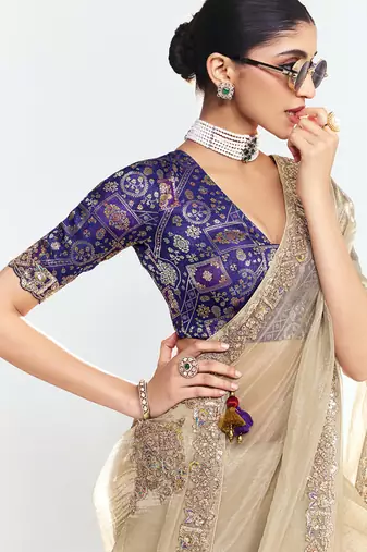 Beige fancy beautified with sequins dhaga thread embroidered work saree