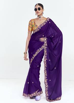 Purple fancy beautified with sequins dhaga thread embroidered work saree 1