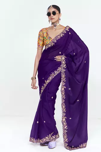 Purple fancy beautified with sequins ,dhaga ,thread embroidered work saree
