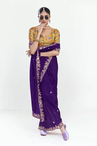 Purple fancy beautified with sequins dhaga thread embroidered work saree