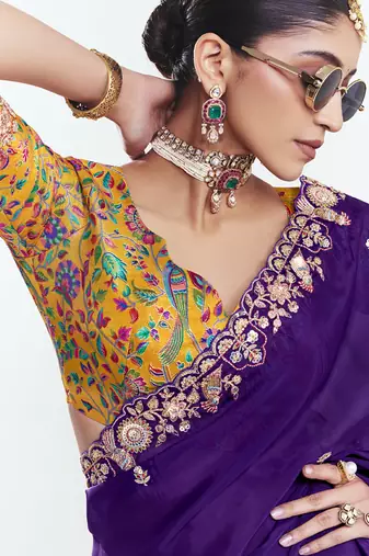 Purple fancy beautified with sequins dhaga thread embroidered work saree