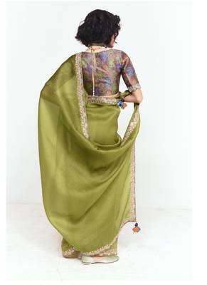 Olive fancy beautified with sequins dhaga thread embroidered work saree 2