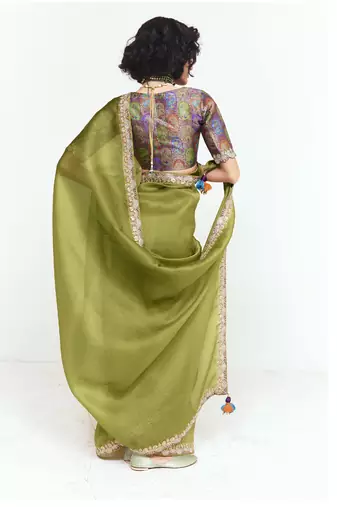 Olive fancy beautified with sequins dhaga thread embroidered work saree