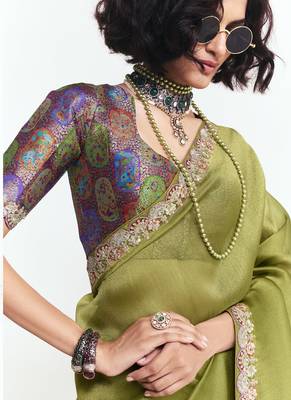 Olive fancy beautified with sequins dhaga thread embroidered work saree 3