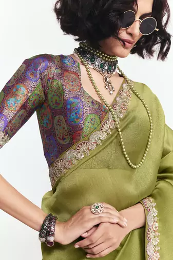 Olive fancy beautified with sequins dhaga thread embroidered work saree