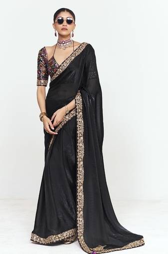 Black fancy beautified with sequins dhaga thread embroidered work saree