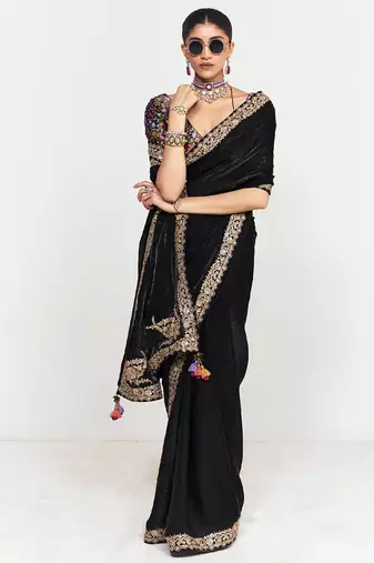 Black fancy beautified with sequins dhaga thread embroidered work saree